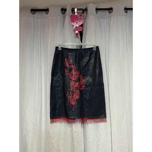 VTG Charlotte Russe Denim Midi Skirt USA Red Dragon Beaded Y2K Grunge Punk LG - Picture 1 of 12